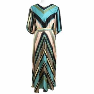 ZARA STRIPED CHEVRON SATIN SHORT PUFFY SLEEVE MAXI SASH BELTED DRESS - M